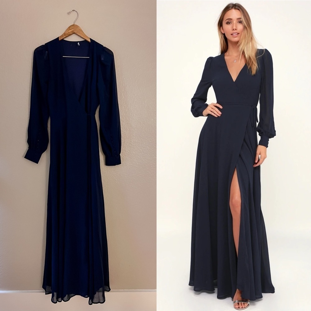 My Whole Heart Dark Navy Blue Long Sleeve Wrap Dress